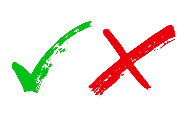 Vektor handgezeichnetes grünes kontrollzeichen und rotes kreuzzeichen markierung richtig und falsch zeichen clipart abstimmungsdoodle
