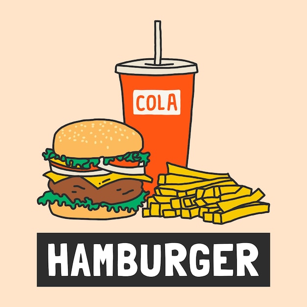 Handgezeichnetes Hamburger-, Pommes- und Cola-Illustrationsdesign