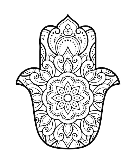 Vektor handgezeichnetes hamsa-symbol mit blume. dekoratives muster im orientalischen stil für innendekoration und henna-zeichnungen. das antike zeichen der hand von fatima