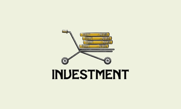 Handgezeichnetes investment-logo vintage-geldmünze und trolley-logo-vorlage