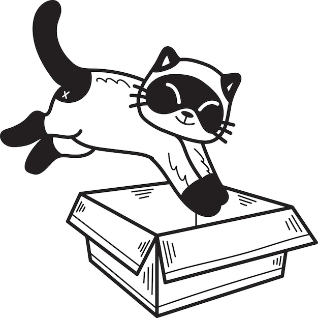 Handgezeichnetes kätzchen sprang in die box-illustration im doodle-stil