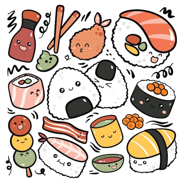 Handgezeichnetes kawaii japanisches Essen Doodle