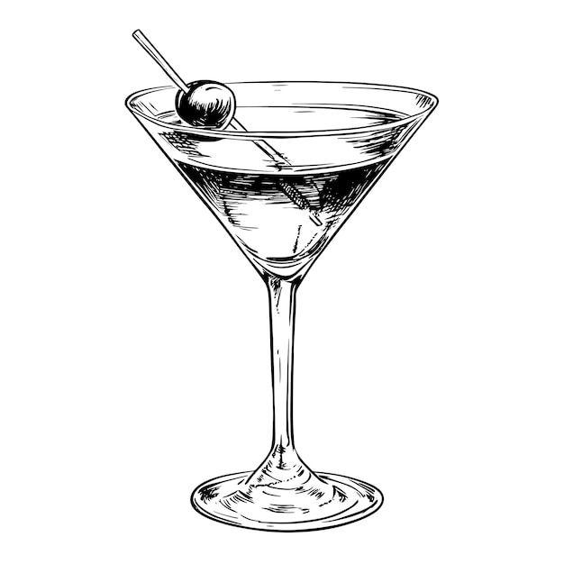 Handgezeichnetes Martini-Glas mit Cocktail- und Olivenskizze