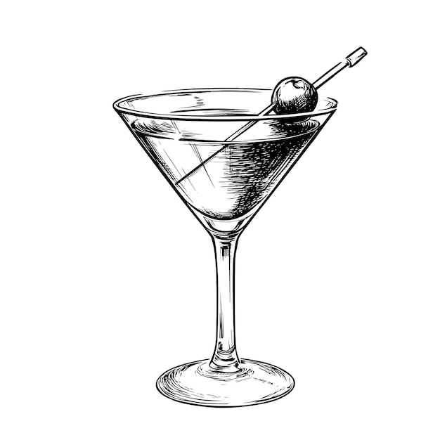 Handgezeichnetes Martini-Glas mit Cocktail- und Olivenskizze