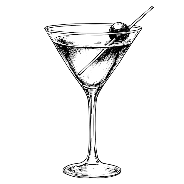 Handgezeichnetes Martini-Glas mit Cocktail- und Olivenskizze