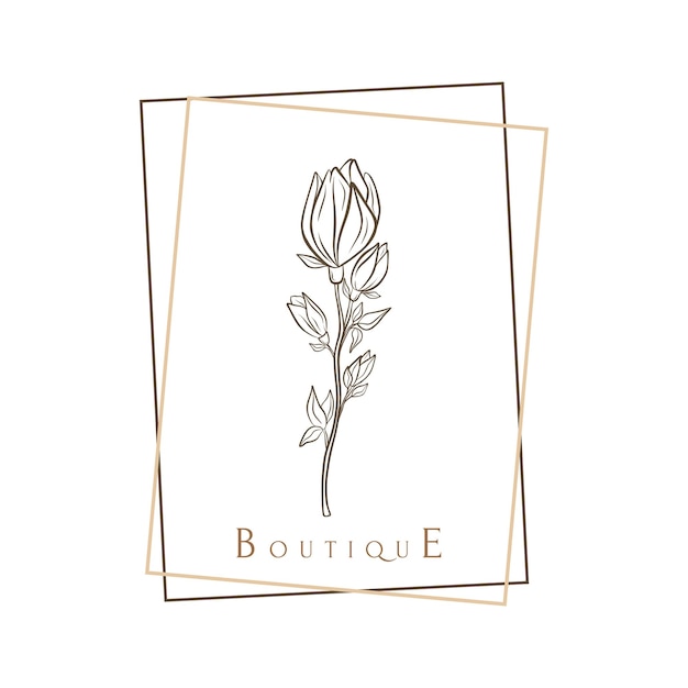 Handgezeichnetes minimales Logo blühender Blumen und Blätter in Strichzeichnungen Böhmische Blumenvektorillustration Dekorative botanische Monogrammkomposition für Grußkarten-Hochzeitseinladung