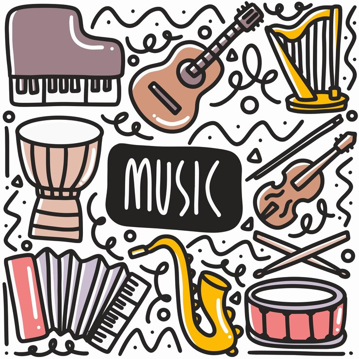 Vektor handgezeichnetes musikinstrument-ausrüstungskritzelset mit ikonen und gestaltungselementen