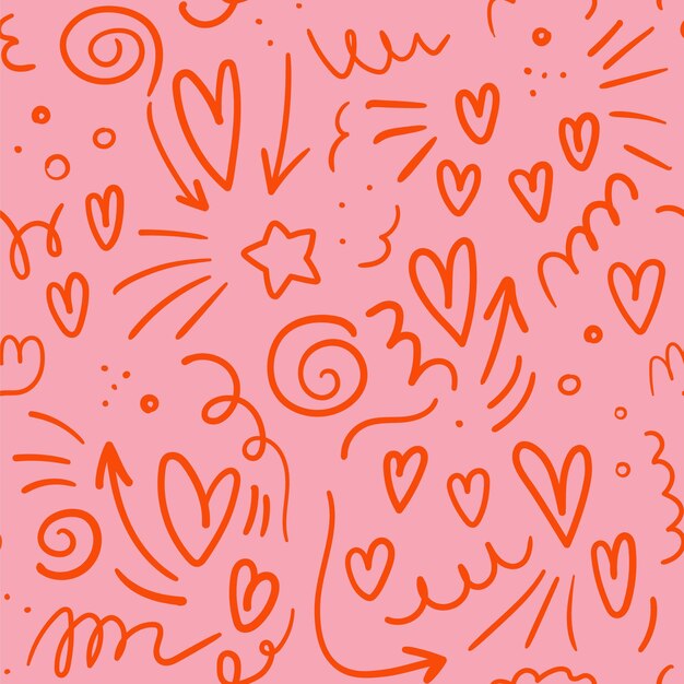 Vektor handgezeichnetes nahtloses muster aus herzen und quirkeln für den valentinstag