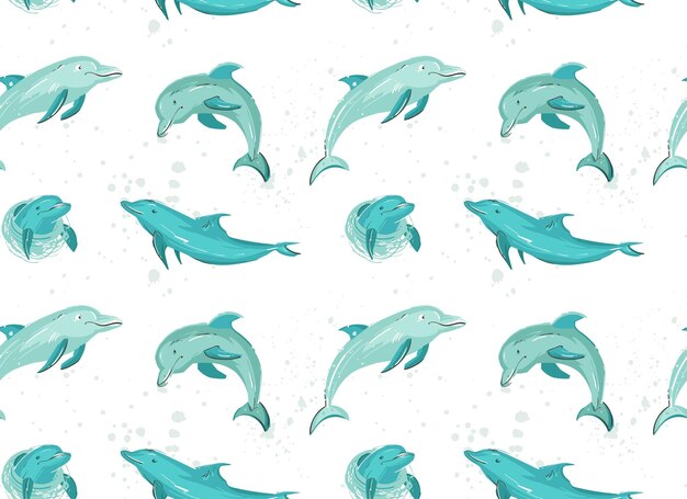 Handgezeichnetes nahtloses muster der vektor-cartoon-sommerzeit mit springenden delphinen in blauen farben isoliert auf weißem hintergrund
