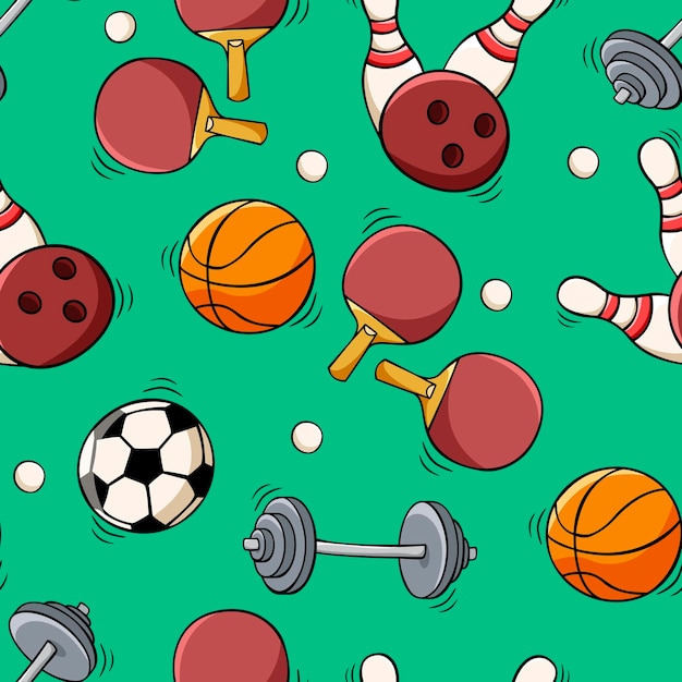 Vektor handgezeichnetes nahtloses muster mit sportgeräten im doodle-sketch-stil