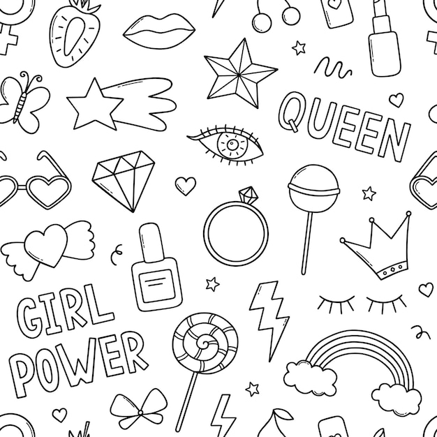 Handgezeichnetes nahtloses muster von girl power doodle feministische elemente und mädchenparty im sketch-stil