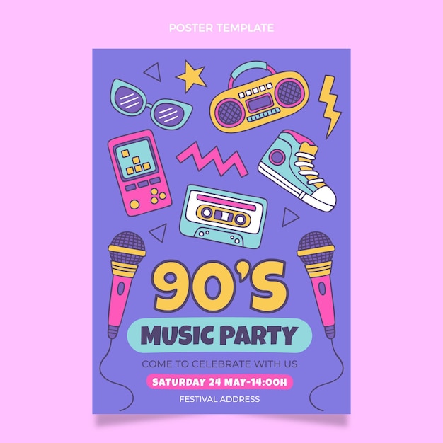 Handgezeichnetes nostalgisches Musikfestivalplakat der 90er Jahre