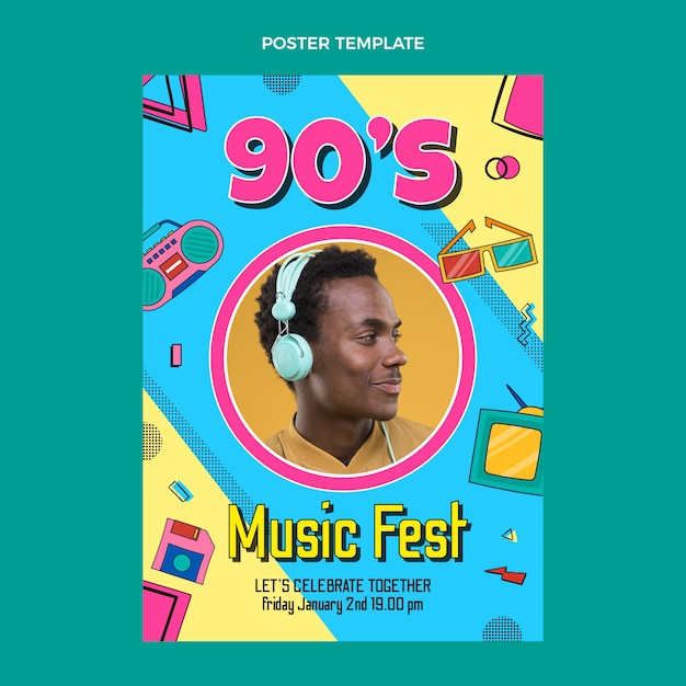 Handgezeichnetes nostalgisches musikfestivalplakat der 90er jahre