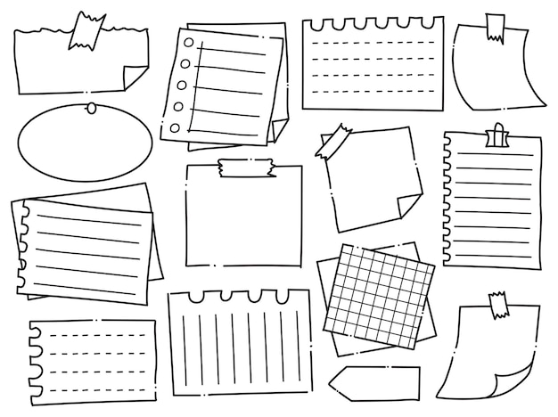 Handgezeichnetes Notizpapier und Klebeband Doodles Vektor-Set von leeren Notizpapieren und Memo-Designs