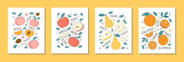 Vektor handgezeichnetes obst-stillleben-set. fruchtillustrationen im doodle-stil für poster, banner, hintergrund, marktetikett, logo, aufkleber, postkarte, menü, design und dekoration von lebensmittelverpackungen