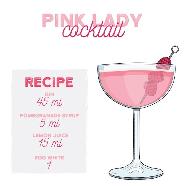 Handgezeichnetes pink lady sommer-cocktail-getränk mit zutaten