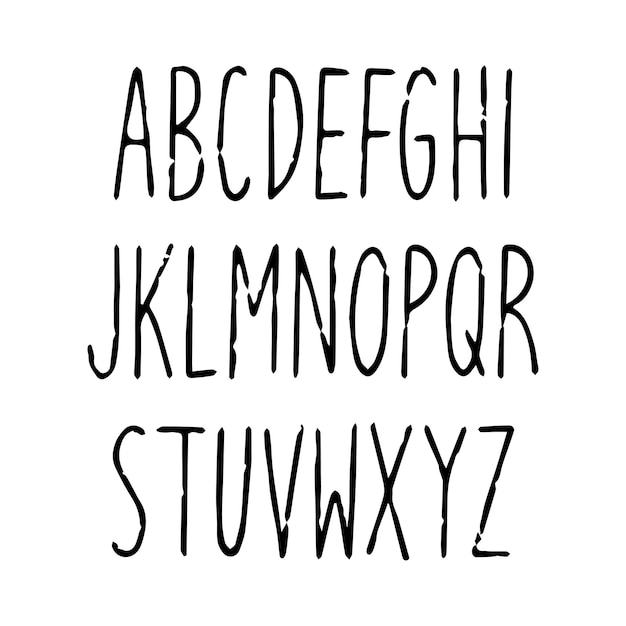 Handgezeichnetes schmales Alphabet. Große und dünne Großbuchstaben auf weißem Hintergrund für Design.