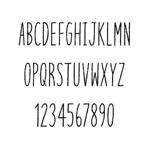 Handgezeichnetes schmales Alphabet. Große und dünne Großbuchstaben und Zahlen auf weißem Hintergrund für Design.