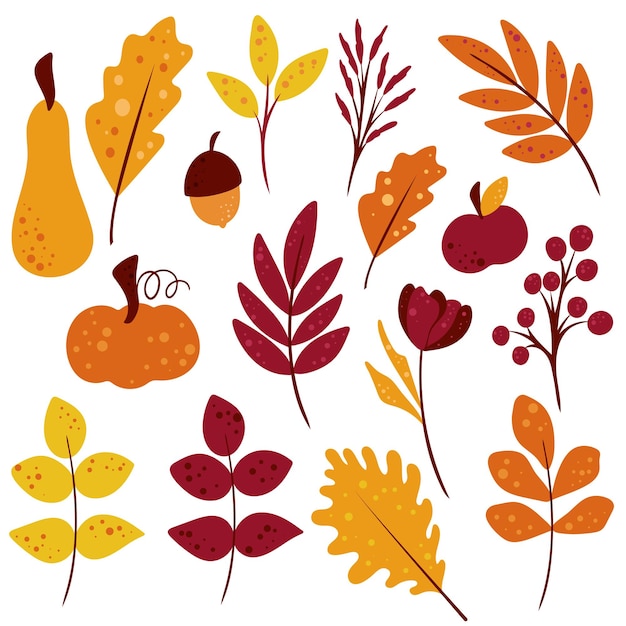 Handgezeichnetes set aus herbstblättern, beeren, kürbissen, apfel und eichel herbst-clipart einfaches saisonales dekor