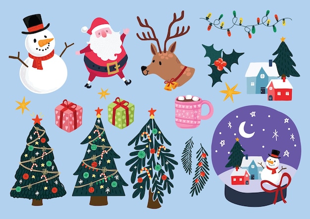 Handgezeichnetes Set mit niedlichen Weihnachtscharakter-Elementen