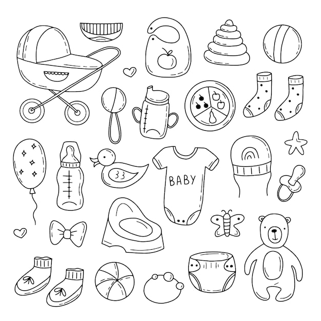 Handgezeichnetes set von baby-shower-elementen spielzeugkugel milchflasche socke doodle-sketch-stil kinderelement mit einem digitalen stift gezeichnet vektorillustration für tapeten hintergrund textildesign