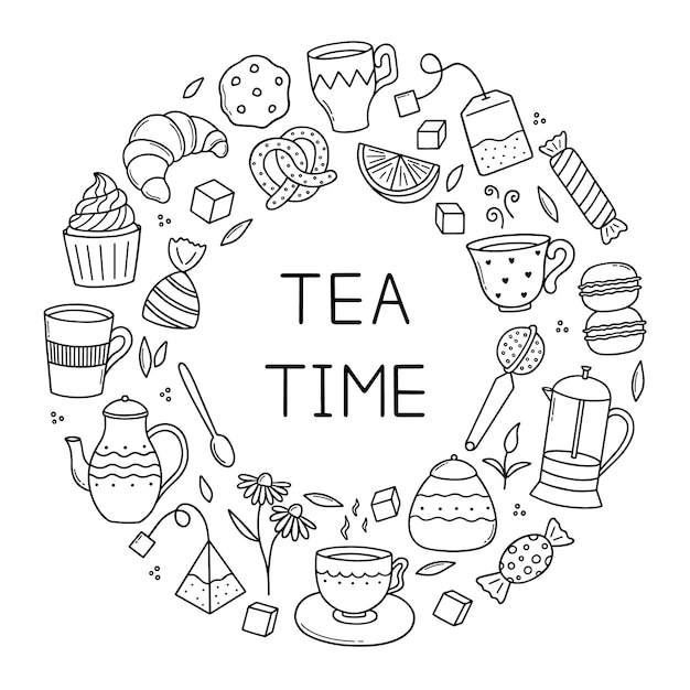 Handgezeichnetes set von tea time doodle teekannen tassen zitrone und süßigkeiten im sketch-stil