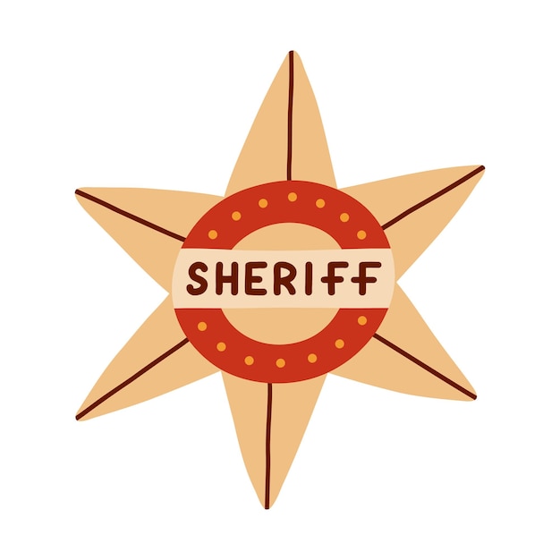 Handgezeichnetes sheriff-abzeichen in sternform im niedlichen stil. goldenes sechseckiges emblem der westlichen polizei