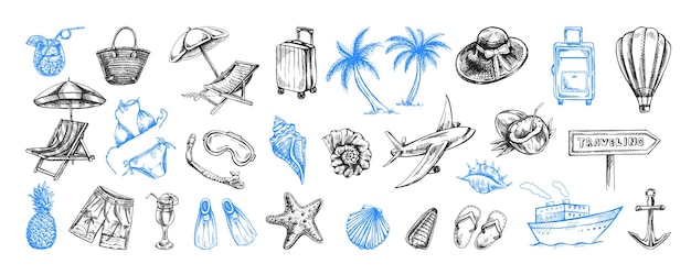 Handgezeichnetes Sketch-Set von Reiseikonen Tourismus- und Abenteuerikonen Lipart mit Reiselementen