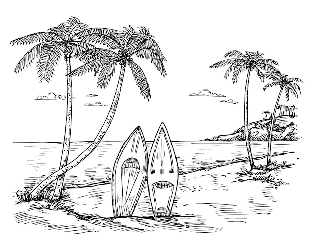 Handgezeichnetes surfparadies skizze palmen surfbrett und tropischer strand vektor-hintergrundillustration