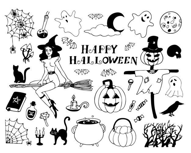 Handgezeichnetes vektor-doodle-set mit illustrationen zu halloween-themen