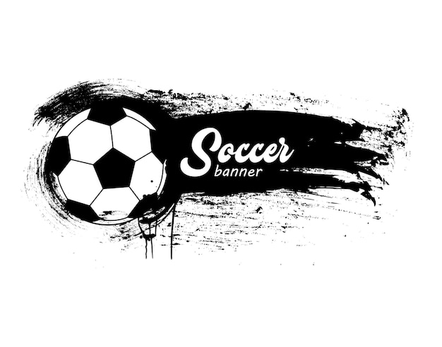 Vektor handgezeichnetes vektor-grunge-banner mit fußball, stilvolle schwarz-weiße komposition im doodle-stil
