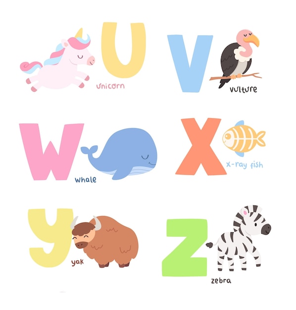 Vektor handgezeichnetes vektor-tier-alphabet uz-illustration