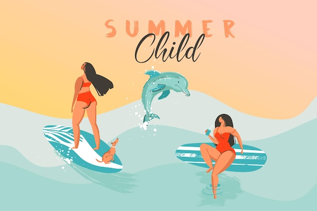 Handgezeichnetes, vektorabstraktes, lustiges illustrationsposter der sommerzeit mit surfermädchen im bikini mit hund auf blauen ozeanwellen, textur, sonnenuntergang und modernem kalligrafie-zitat summer child