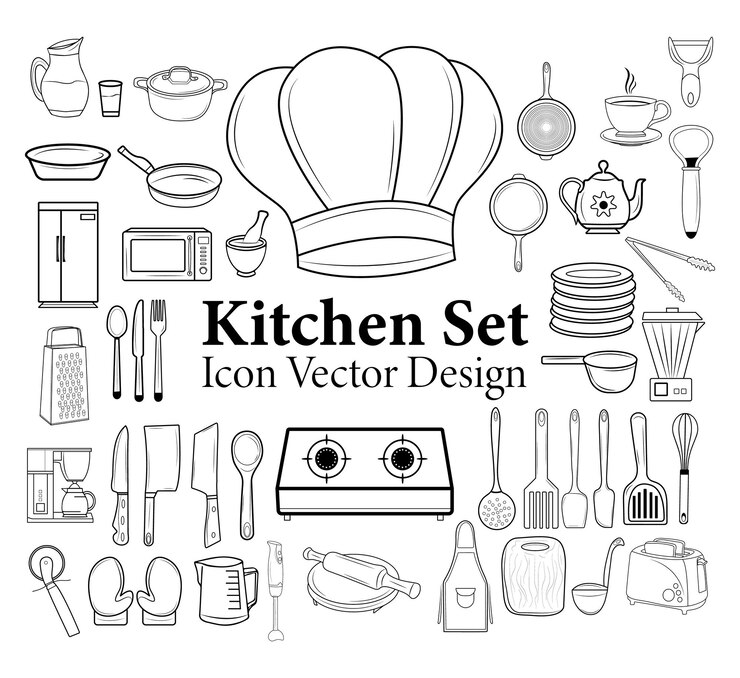 Handgezeichnetes Vektorillustrations-Küchenset-Icon-Design Vintage-Skizzenstil Premium-Kunstmuster