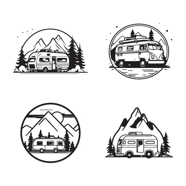 Vektor handgezeichnetes vintage-camping-van-logo im flachen kunststil