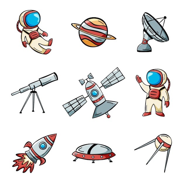 Handgezeichnetes weltraum-icon-set mit astronauten-satellitenrakete und planeten im doodle-stil