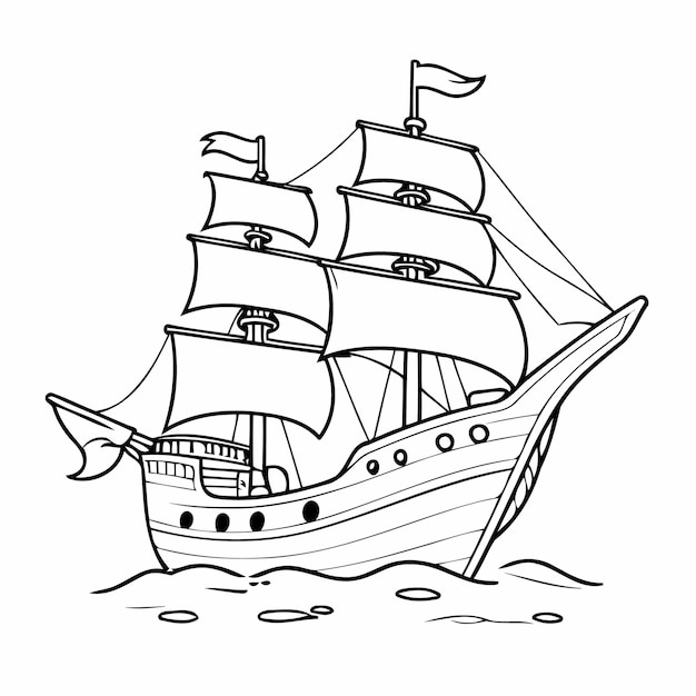Vektor handgezeichnetes zeichentrickfilm-piratenschiff für kinder