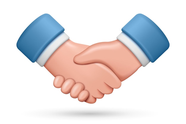 Handschlag in Form von 3D-Cartoon-Symbolen. Das Konzept von Geschäfts- und Partnerschaftsgeschäftsleuten schütteln sich die Hände, um einen Deal oder eine Vereinbarung über einen Vertrag zu treffen. Vektorillustration-Geschäftstreffen
