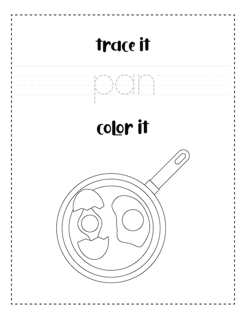 Handschrift-wortverfolgung und färben von spiegeleiern in einer pfanne handschriftübung für kinder