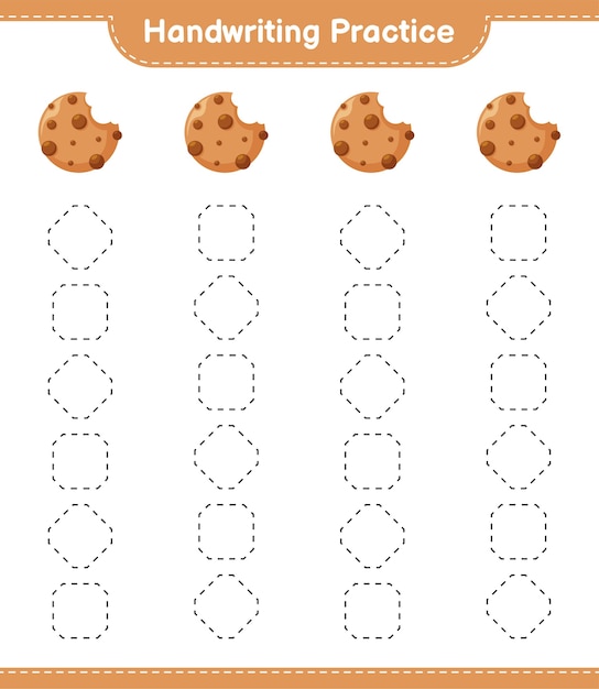 Handschriftpraxis. linien von cookies verfolgen. pädagogisches kinderspiel, druckbares arbeitsblatt