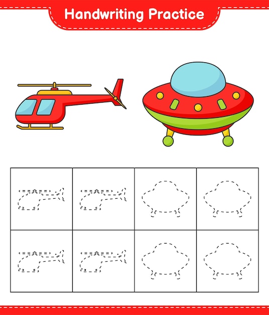 Handschriftpraxis. tracing linien von hubschrauber und ufo. pädagogisches kinderspiel, druckbares arbeitsblatt, vektorillustration