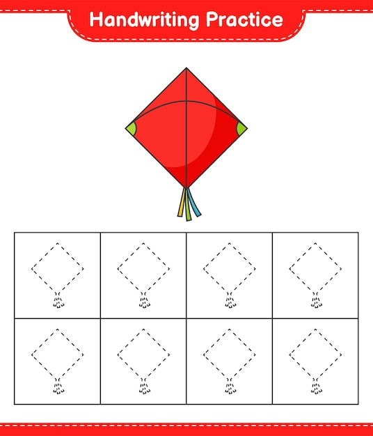 Handschriftpraxis. tracing-linien von kite. pädagogisches kinderspiel, druckbares arbeitsblatt, vektorillustration