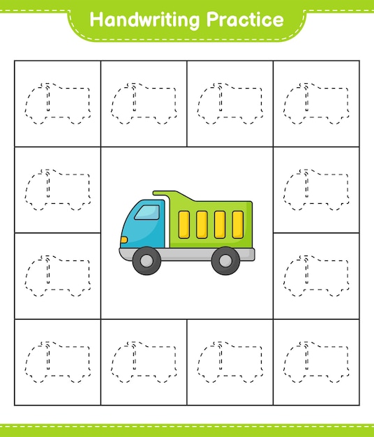 Handschriftpraxis. tracing linien von lkw. pädagogisches kinderspiel, druckbares arbeitsblatt, vektorillustration