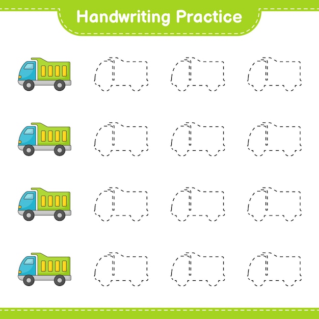 Handschriftpraxis. tracing linien von lkw. pädagogisches kinderspiel, druckbares arbeitsblatt, vektorillustration