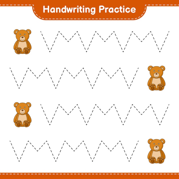 Handschriftpraxis tracing-linien von teddybär pädagogisches kinderspiel druckbares arbeitsblatt