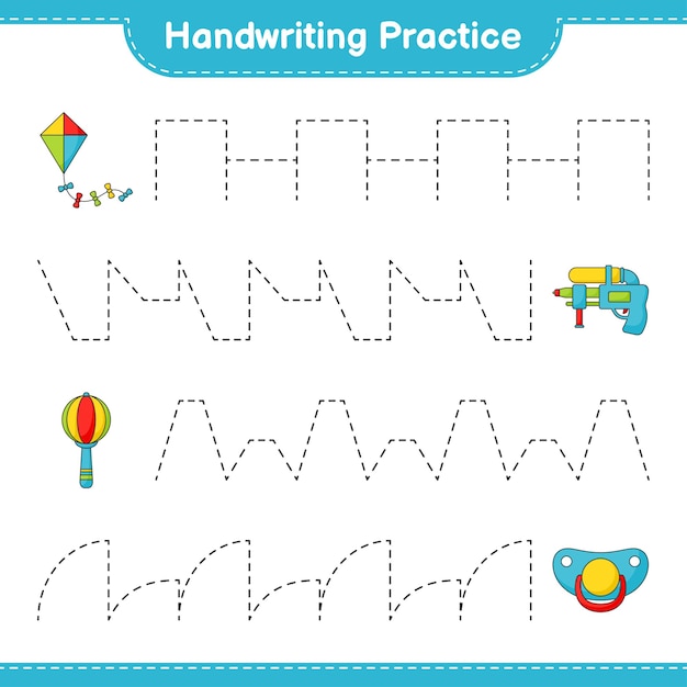 Handschriftpraxis. verfolgen sie die linien von drachen, wasserpistole, babyrassel und schnuller. lernspiel für kinder