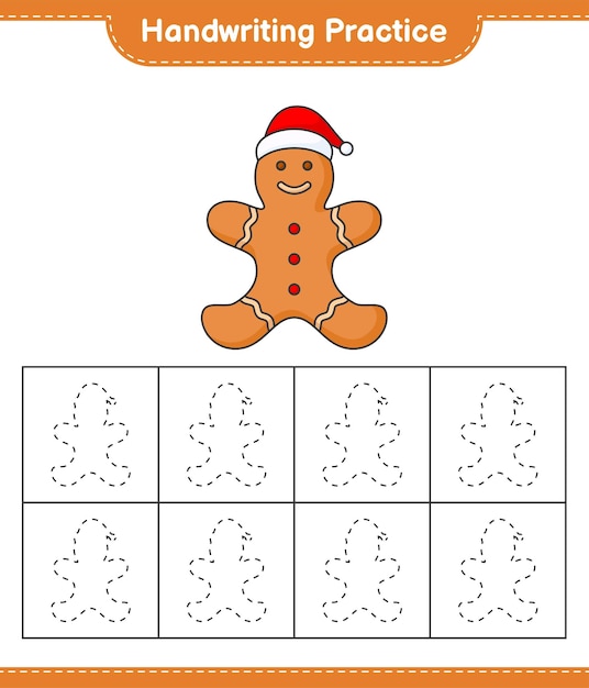 Handschriftpraxis verfolgen von linien von gingerbread man pädagogisches kinderspiel druckbares arbeitsblatt vektorillustration