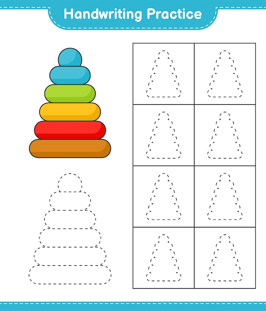 Handschriftpraxis. verfolgen von linien von pyramidenspielzeug. pädagogisches kinderspiel, druckbares arbeitsblatt, vektorillustration