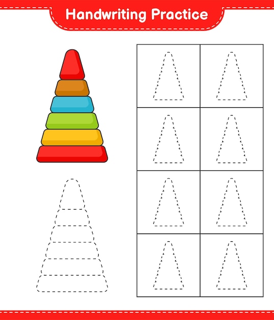 Handschriftpraxis. verfolgen von linien von pyramidenspielzeug. pädagogisches kinderspiel, druckbares arbeitsblatt, vektorillustration