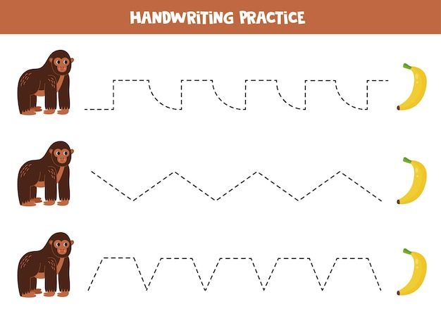 Handschriftübungen mit niedlichen gorillas und affen, die linien für vorschulkinder verfolgen. vektorillustration